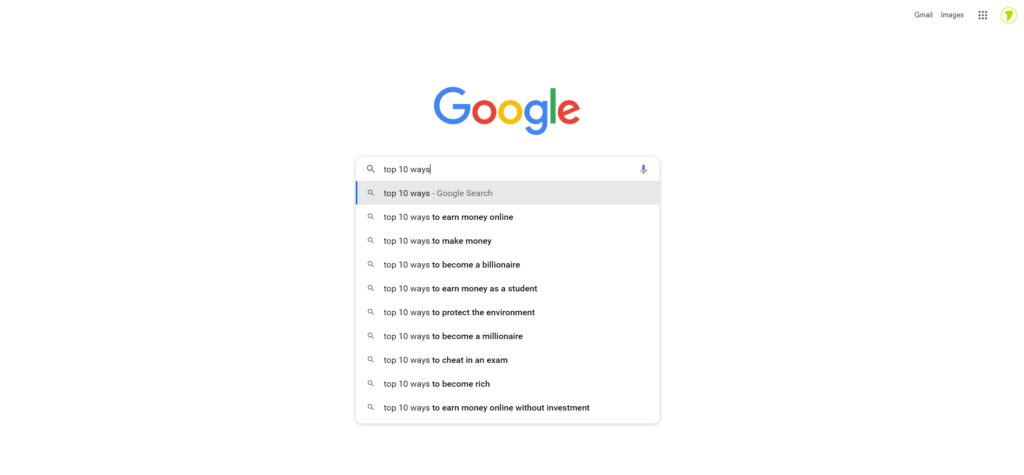 Google search suggestions for top 10 ways